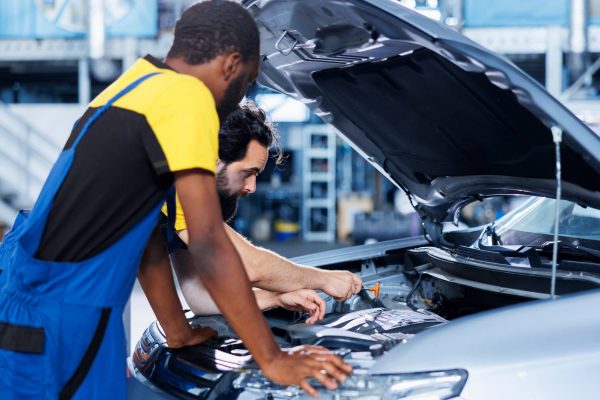 Two male auto repair technicians work together to diagnose and treat the engine of gray sedan with its hood open.